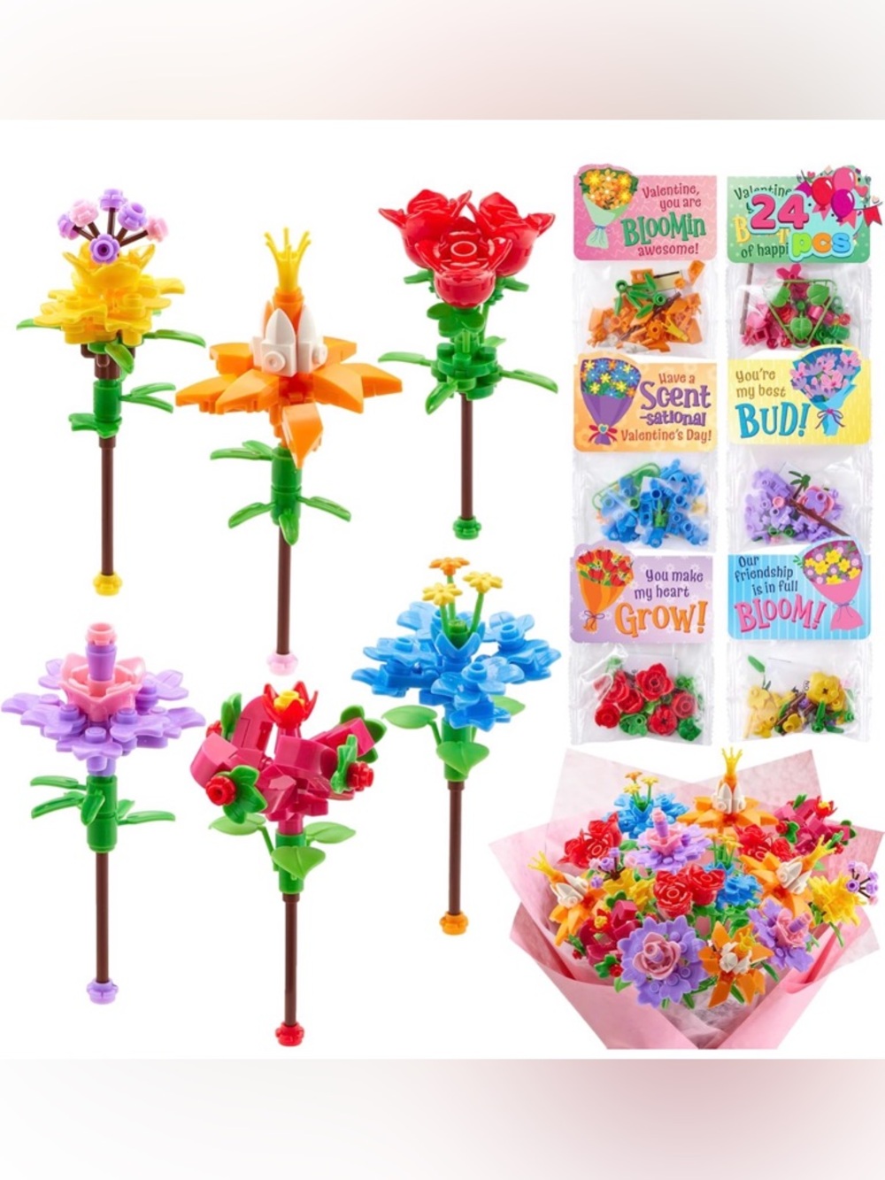 JOYIN Flower Bouquet Building Blocks w Tags and Bags - 24 pieces Valentine's Day